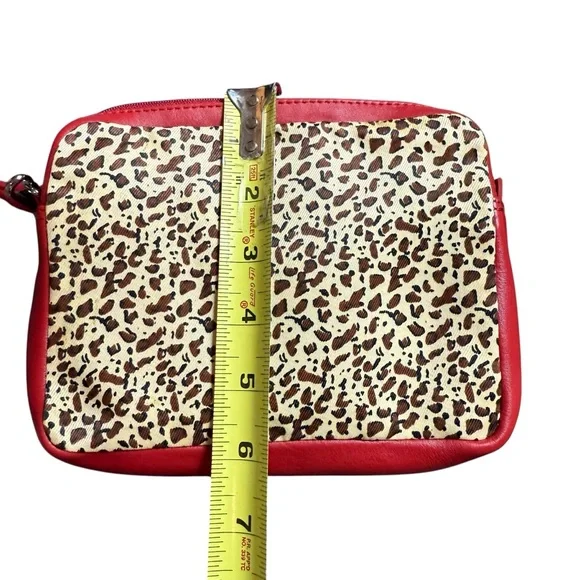ILLI RED LEATHER TOTE BAG WITH LEOPARD PRINT LINING & MATCHING POUCH - Picture 6 of 8